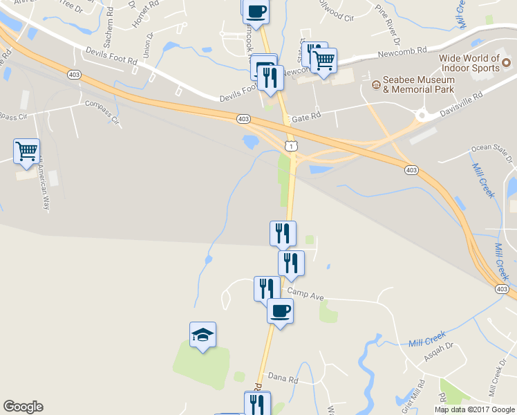 map of restaurants, bars, coffee shops, grocery stores, and more near 7233 Post Road in North Kingstown