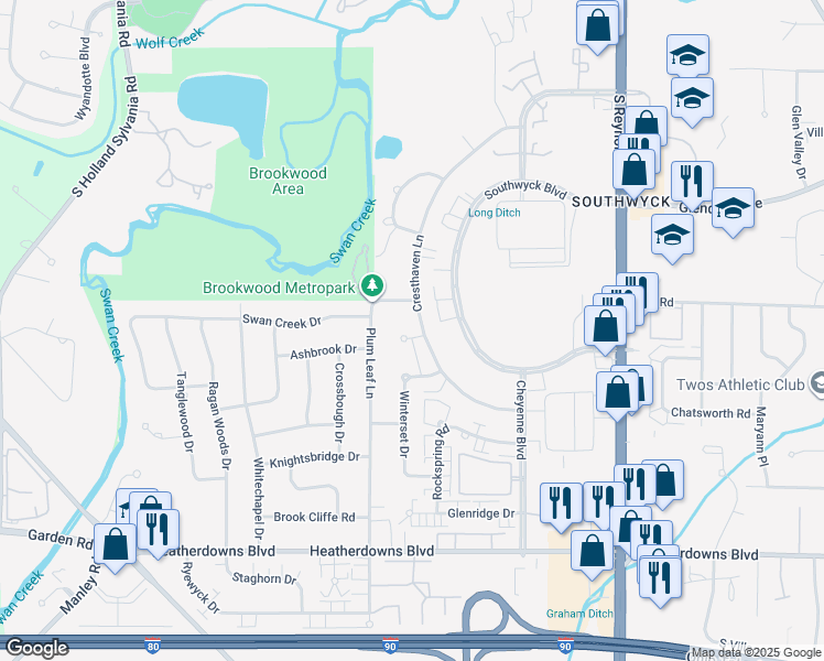 map of restaurants, bars, coffee shops, grocery stores, and more near 5559 Cresthaven Ln in Toledo