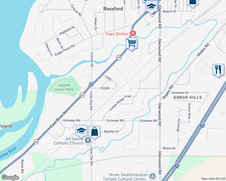 map of restaurants, bars, coffee shops, grocery stores, and more near 1111 West Elm Tree Road in Rossford
