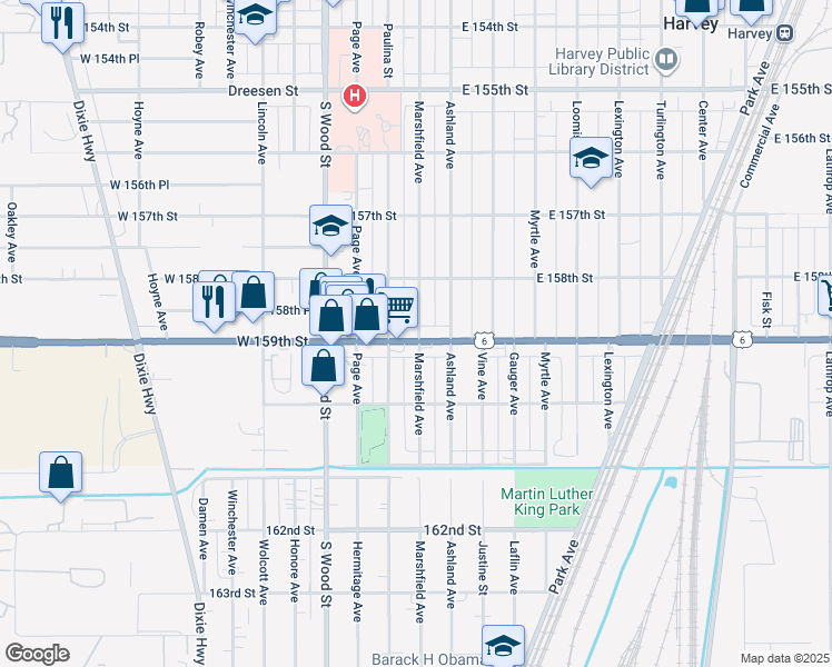 map of restaurants, bars, coffee shops, grocery stores, and more near 15840 Marshfield Avenue in Harvey