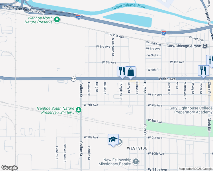 map of restaurants, bars, coffee shops, grocery stores, and more near 533 Dallas Street in Gary