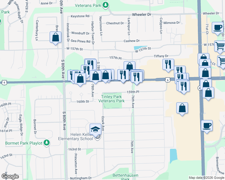 map of restaurants, bars, coffee shops, grocery stores, and more near 7732 159th Place in Tinley Park