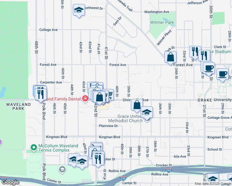 map of restaurants, bars, coffee shops, grocery stores, and more near 1216 40th Street in Des Moines