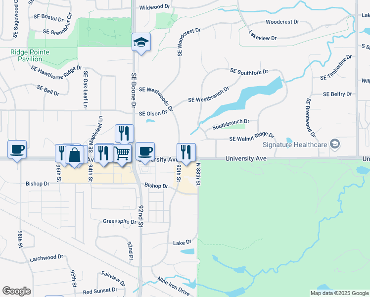 map of restaurants, bars, coffee shops, grocery stores, and more near 1165 Southeast Westwoods Drive in Waukee