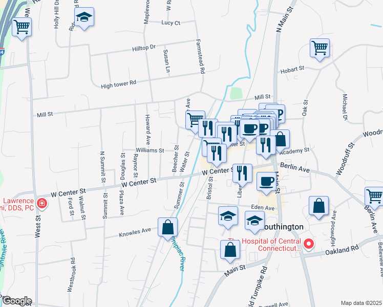map of restaurants, bars, coffee shops, grocery stores, and more near 59 Water Street in Southington