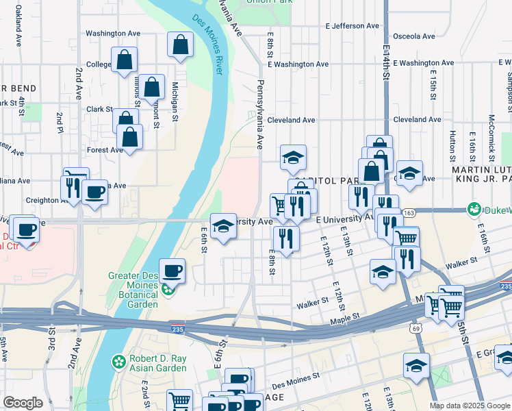 map of restaurants, bars, coffee shops, grocery stores, and more near 1212 Pennsylvania Avenue in Des Moines