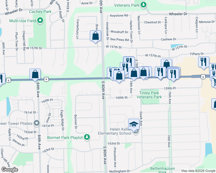 map of restaurants, bars, coffee shops, grocery stores, and more near 15932 Blackwater Court in Tinley Park