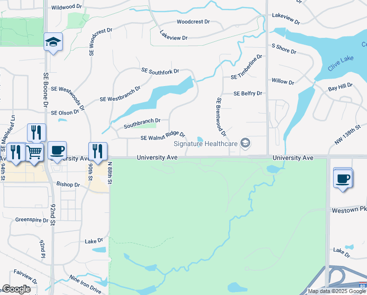 map of restaurants, bars, coffee shops, grocery stores, and more near 800 Southeast Walnut Ridge Drive in Waukee