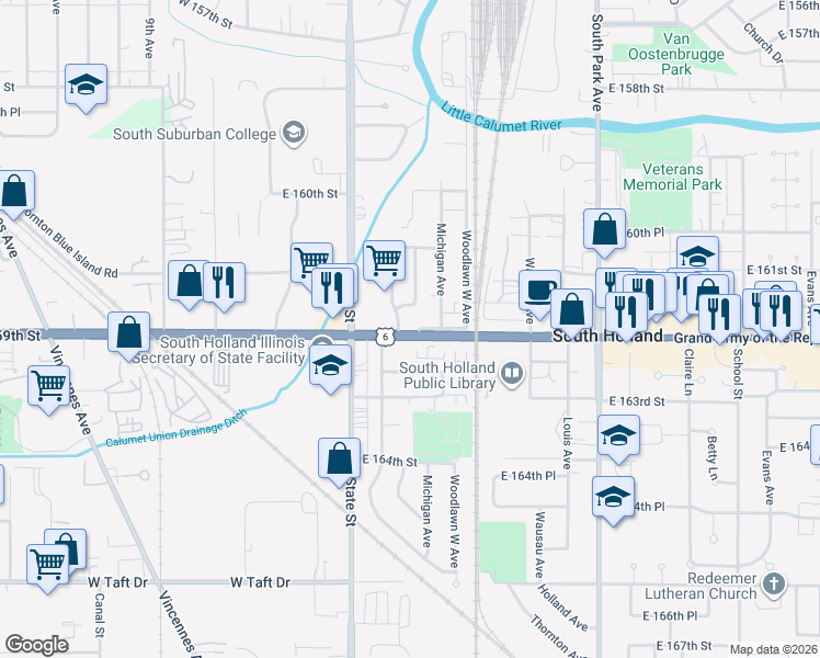 map of restaurants, bars, coffee shops, grocery stores, and more near 54 East 162nd Street in South Holland