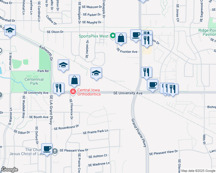 map of restaurants, bars, coffee shops, grocery stores, and more near 3213 Southeast University Avenue in Waukee