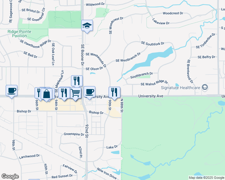 map of restaurants, bars, coffee shops, grocery stores, and more near 1165 Southeast Westwoods Drive in Waukee