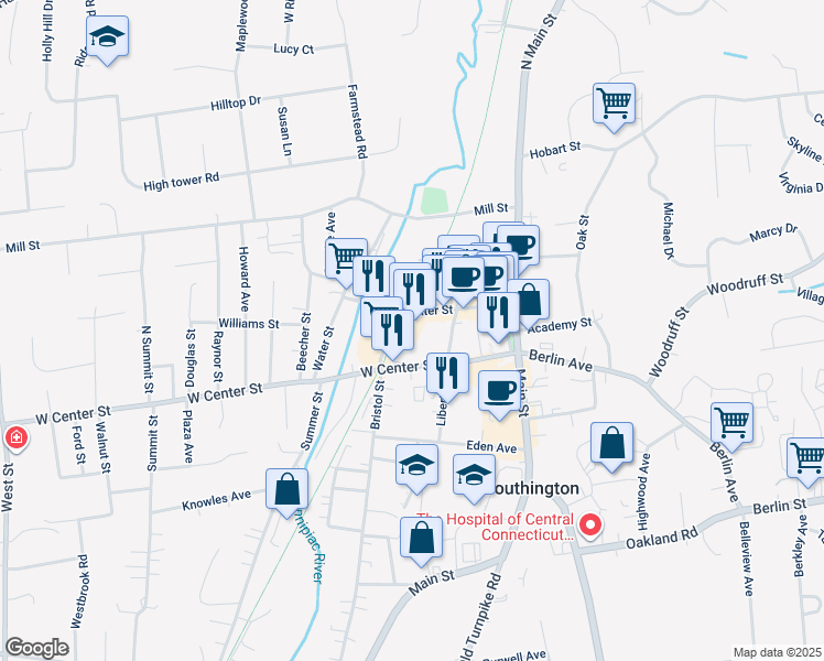map of restaurants, bars, coffee shops, grocery stores, and more near 168 Center Street in Southington