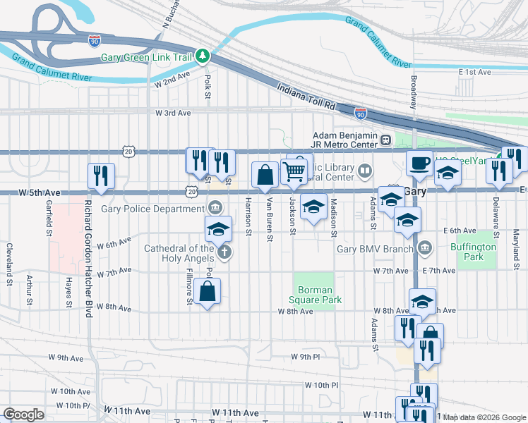 map of restaurants, bars, coffee shops, grocery stores, and more near 540 Van Buren Street in Gary