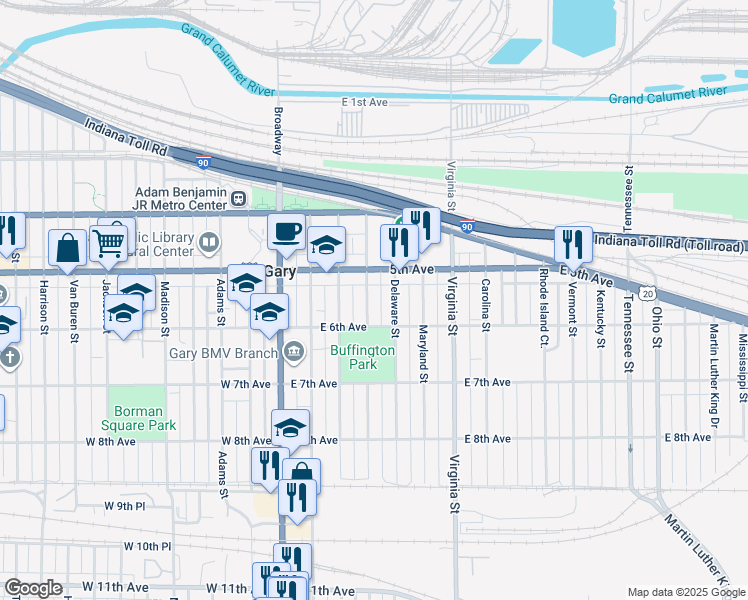 map of restaurants, bars, coffee shops, grocery stores, and more near 543 Pennsylvania Street in Gary