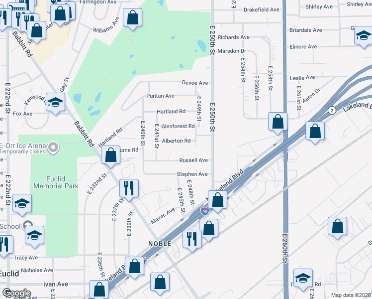 map of restaurants, bars, coffee shops, grocery stores, and more near 24721 Wayne Ct in Euclid
