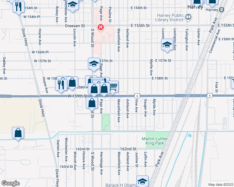 map of restaurants, bars, coffee shops, grocery stores, and more near 15840 Marshfield Avenue in Harvey