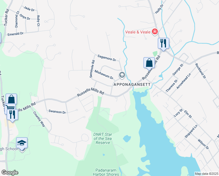 map of restaurants, bars, coffee shops, grocery stores, and more near 2 Seminole Road in Dartmouth
