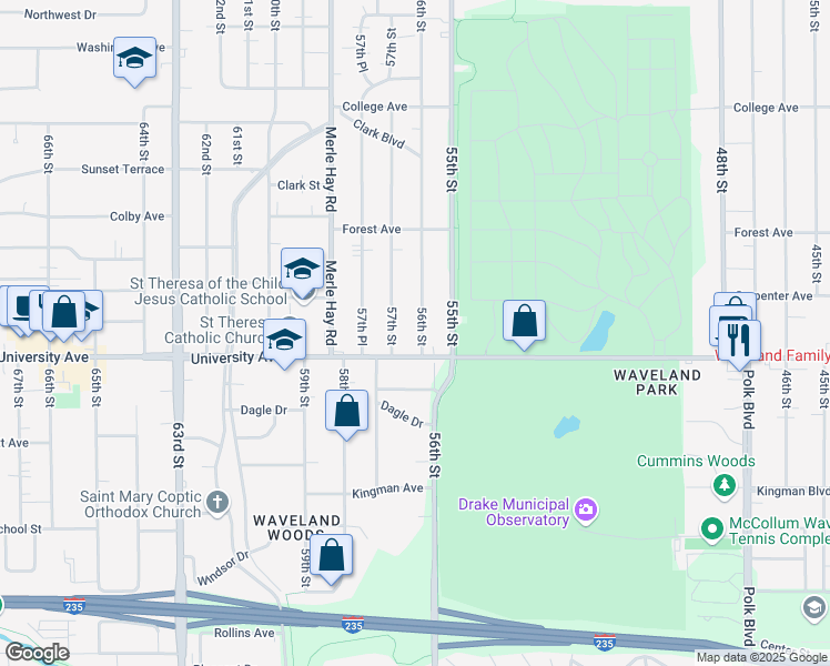 map of restaurants, bars, coffee shops, grocery stores, and more near 1216 56th Street in Des Moines