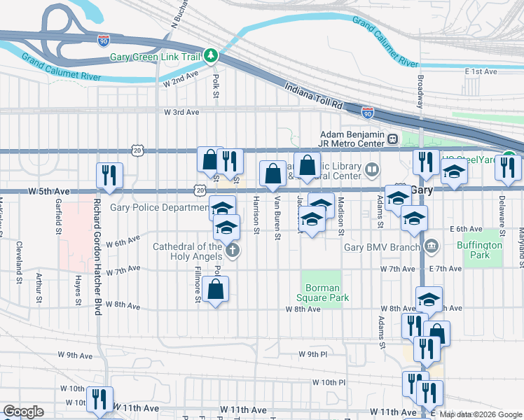 map of restaurants, bars, coffee shops, grocery stores, and more near 540 Van Buren St in Gary