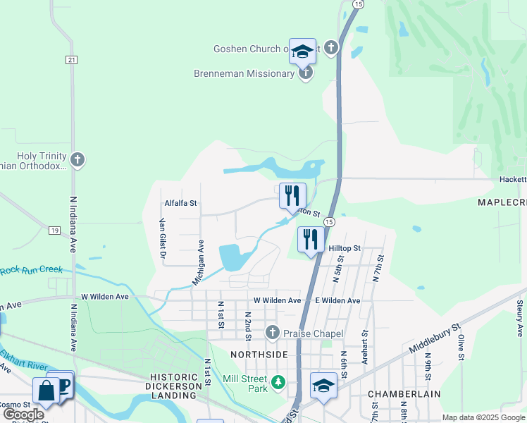 map of restaurants, bars, coffee shops, grocery stores, and more near 312 Stone Drive in Goshen