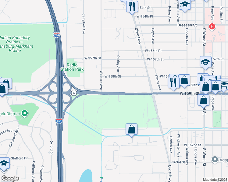 map of restaurants, bars, coffee shops, grocery stores, and more near 2312 W 159th St in Markham