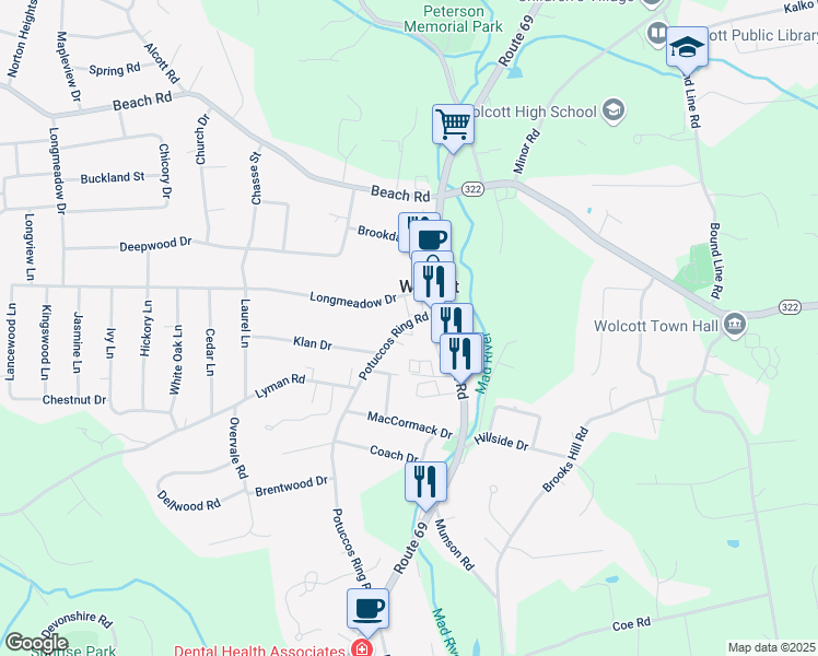 map of restaurants, bars, coffee shops, grocery stores, and more near 55 Klan Dr in Wolcott