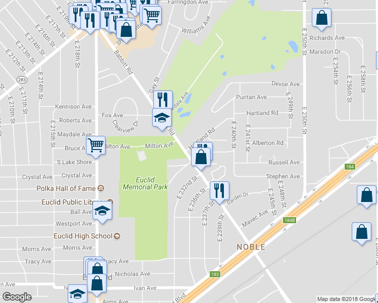 map of restaurants, bars, coffee shops, grocery stores, and more near 651 Babbitt Road in Euclid