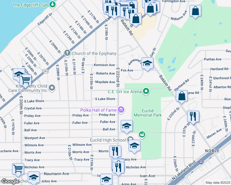 map of restaurants, bars, coffee shops, grocery stores, and more near in Euclid