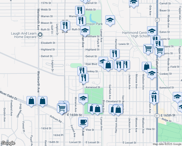 map of restaurants, bars, coffee shops, grocery stores, and more near 232 Conkey Street in Hammond