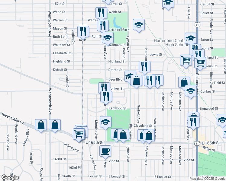 map of restaurants, bars, coffee shops, grocery stores, and more near 232 Conkey Street in Hammond