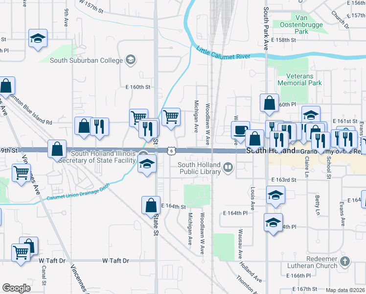 map of restaurants, bars, coffee shops, grocery stores, and more near 54 East 162nd Street in South Holland