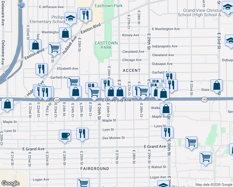 map of restaurants, bars, coffee shops, grocery stores, and more near 2654 East University Avenue in Des Moines