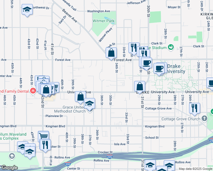 map of restaurants, bars, coffee shops, grocery stores, and more near 3501 University Avenue in Des Moines
