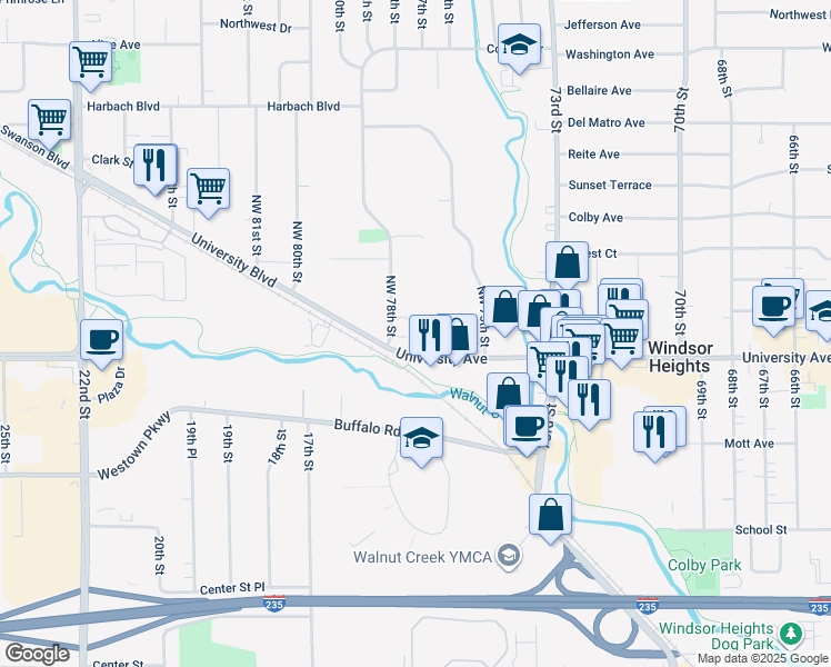 map of restaurants, bars, coffee shops, grocery stores, and more near 7605 University Avenue in Clive