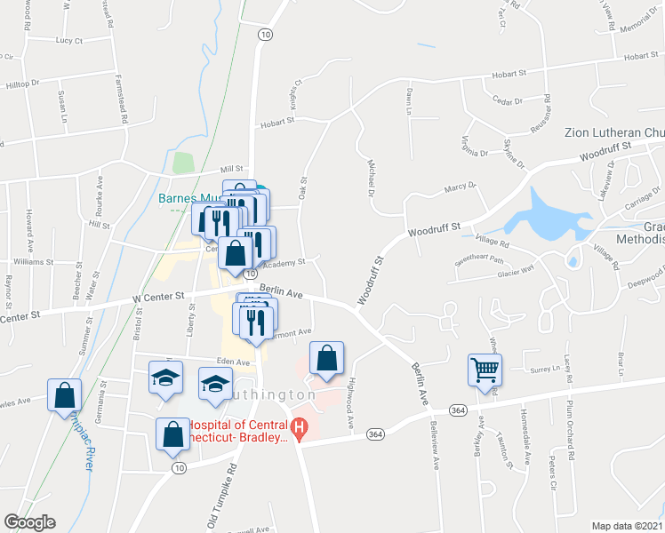 map of restaurants, bars, coffee shops, grocery stores, and more near 37 Academy Lane in Southington
