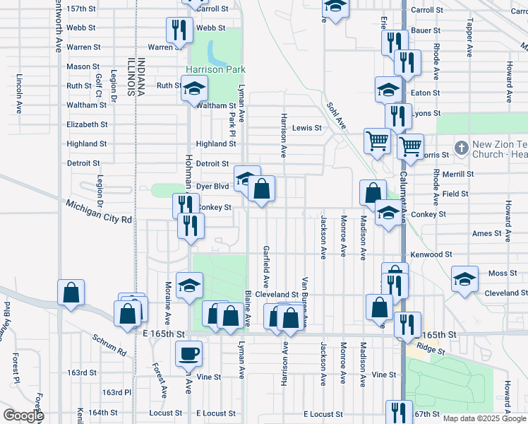 map of restaurants, bars, coffee shops, grocery stores, and more near 422 Conkey Street in Hammond