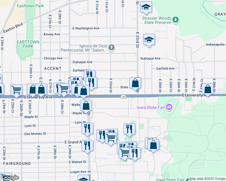 map of restaurants, bars, coffee shops, grocery stores, and more near 1211 East 32nd Street in Des Moines