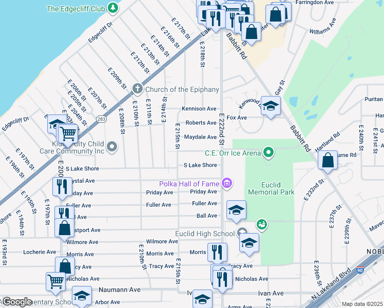 map of restaurants, bars, coffee shops, grocery stores, and more near 21730 Bruce Avenue in Euclid