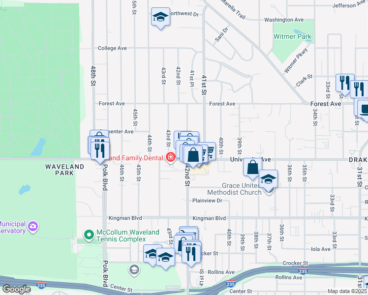 map of restaurants, bars, coffee shops, grocery stores, and more near 1218 42nd Street in Des Moines