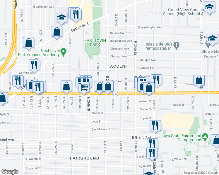 map of restaurants, bars, coffee shops, grocery stores, and more near 1215 East 27th Street in Des Moines