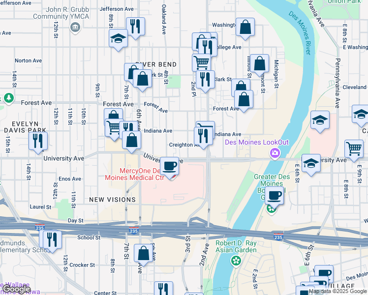 map of restaurants, bars, coffee shops, grocery stores, and more near 320 Creighton Avenue in Des Moines