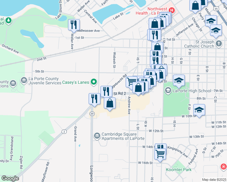 map of restaurants, bars, coffee shops, grocery stores, and more near 1434-1530 West State Road 2 in La Porte