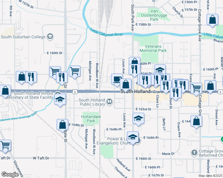 map of restaurants, bars, coffee shops, grocery stores, and more near 240 East 162nd Street in South Holland