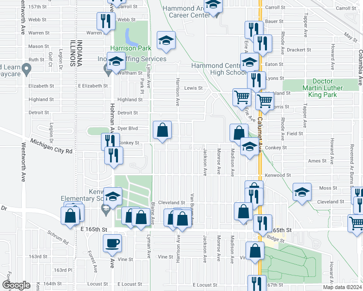 map of restaurants, bars, coffee shops, grocery stores, and more near 504 Conkey Street in Hammond