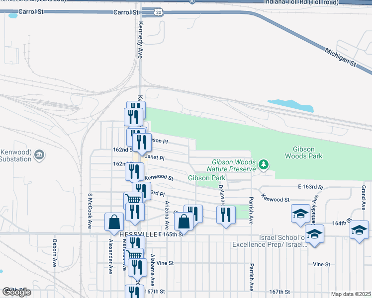 map of restaurants, bars, coffee shops, grocery stores, and more near 2948 Gibson Place in Hammond
