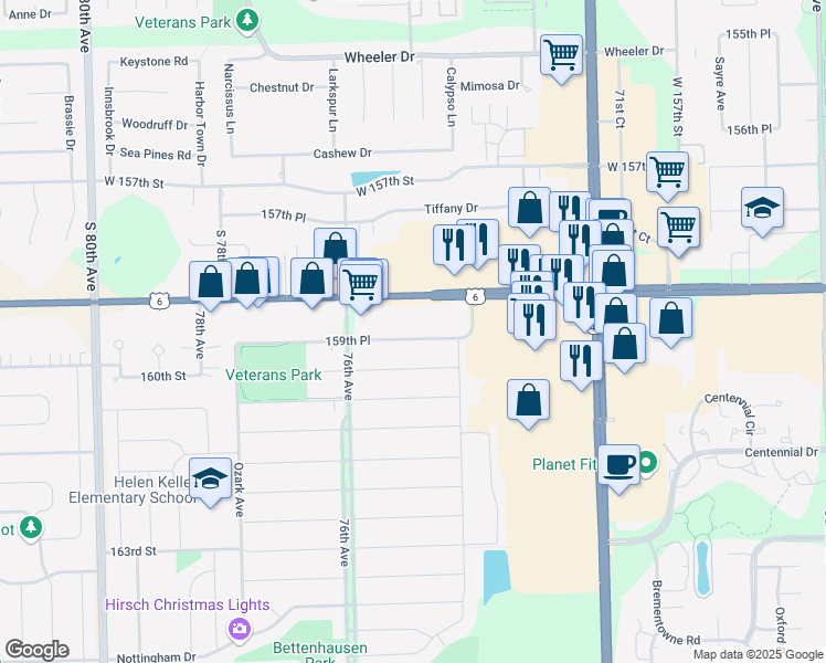 map of restaurants, bars, coffee shops, grocery stores, and more near 7500 159th Place in Tinley Park