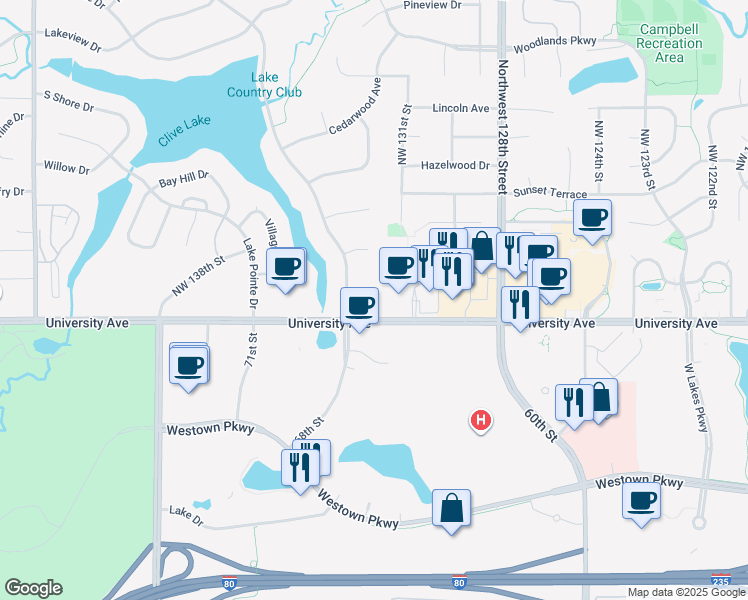 map of restaurants, bars, coffee shops, grocery stores, and more near 13180 Forest Circle in Clive
