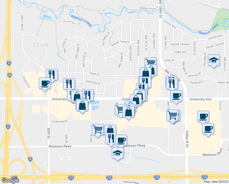 map of restaurants, bars, coffee shops, grocery stores, and more near 1259 Forest Cir in Clive