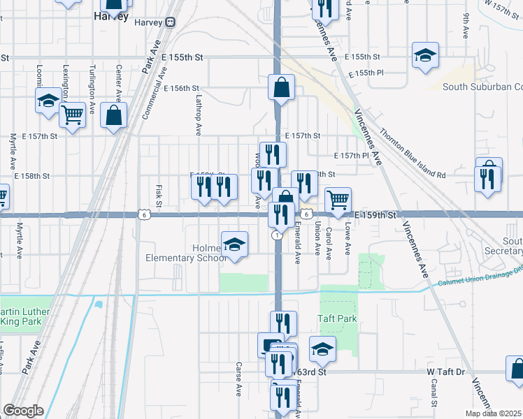 map of restaurants, bars, coffee shops, grocery stores, and more near 327 East 159th Street in Harvey