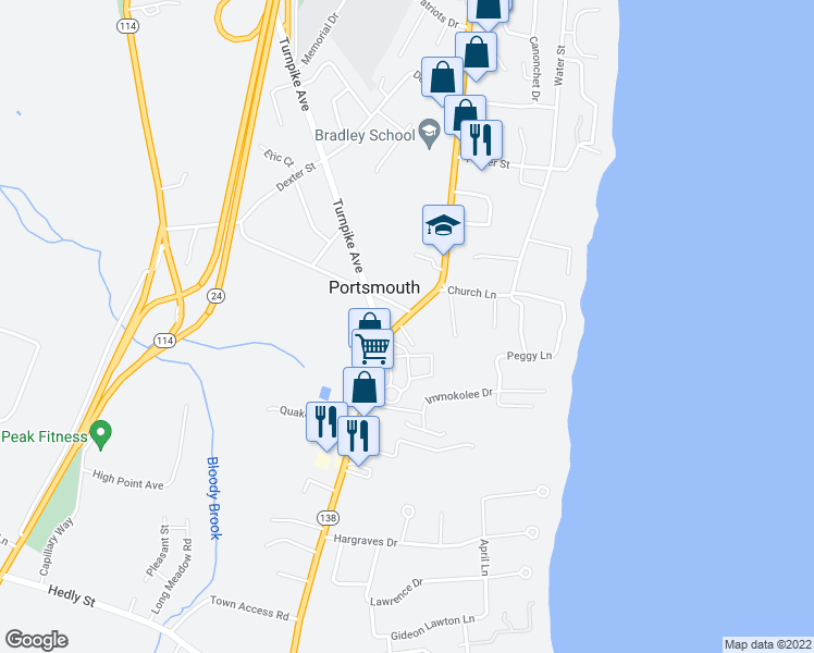 map of restaurants, bars, coffee shops, grocery stores, and more near 2635 East Main Road in Portsmouth